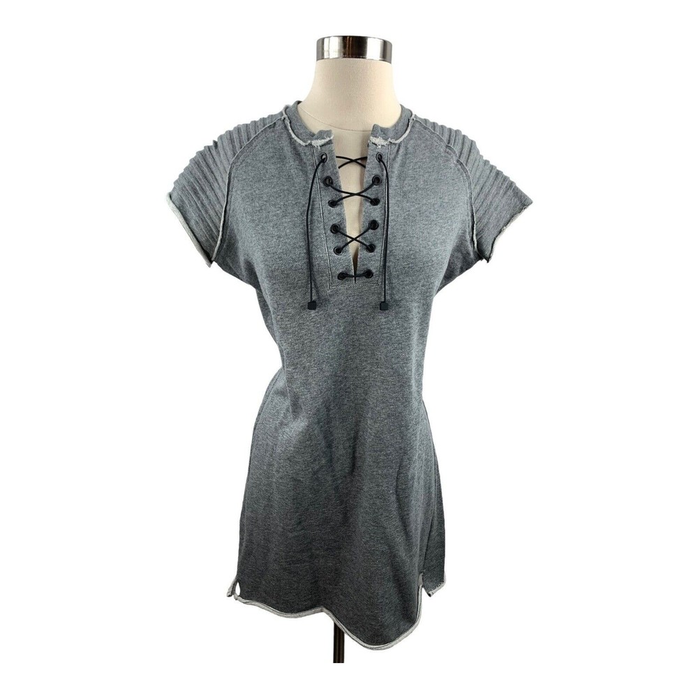 525 American dress gray S sweater  with Cotton lace up front short sleeve causal